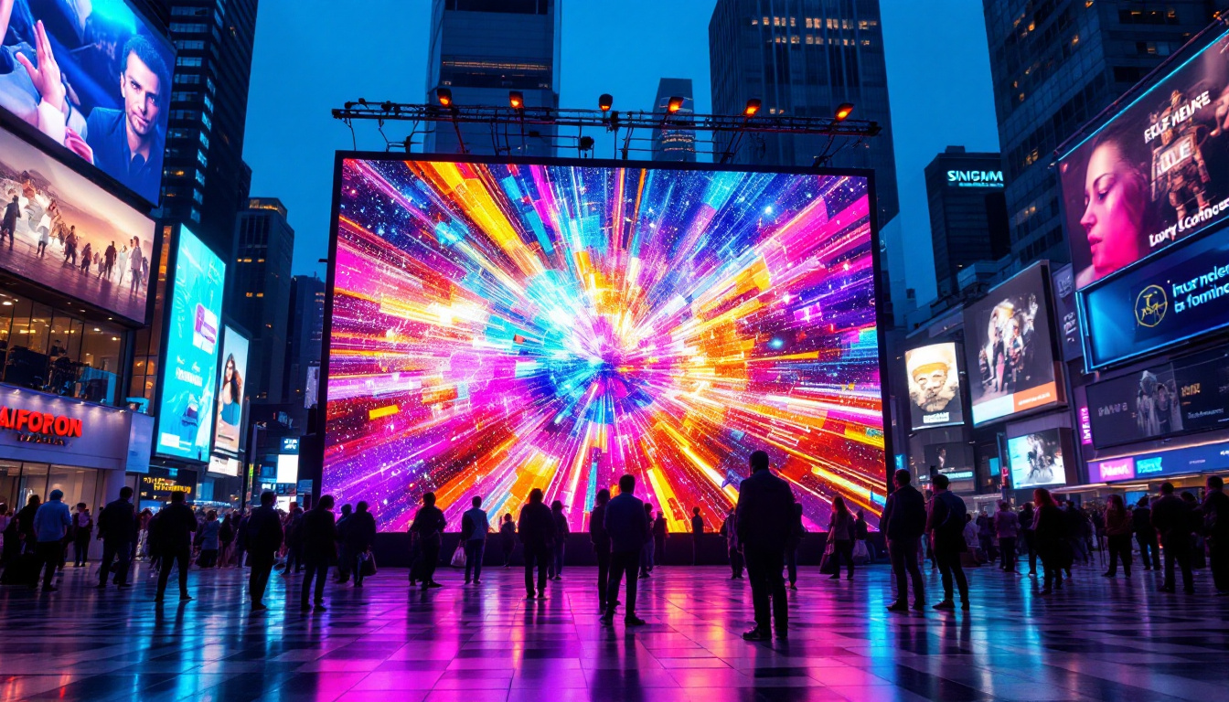 A photograph of a vibrant led display in a bustling urban setting