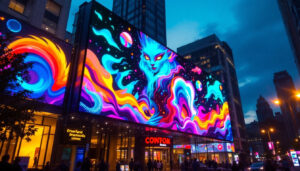 A photograph of a vibrant led display showcasing dynamic visuals