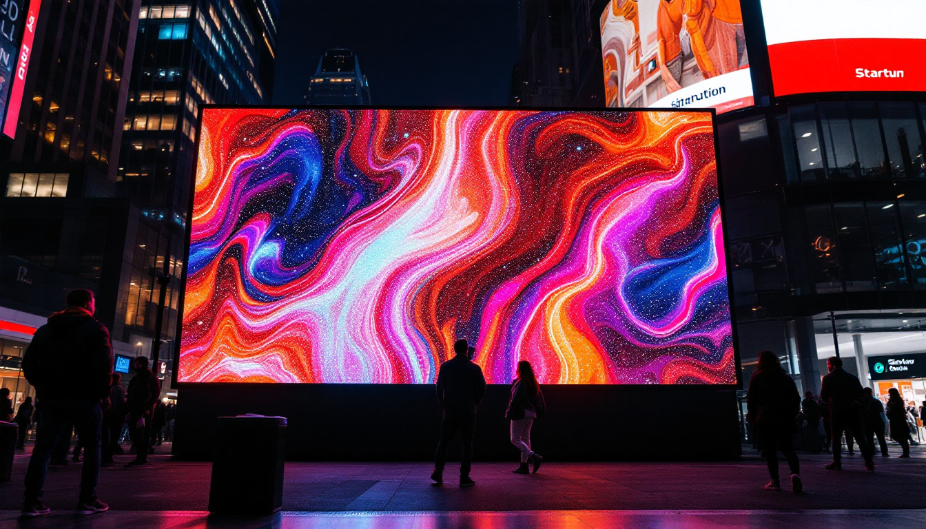A photograph of a vibrant led display in an urban setting at night