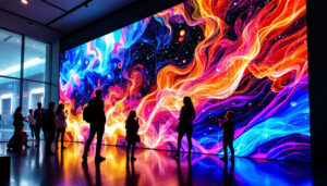 A photograph of a vibrant and dynamic led video wall in a modern setting