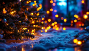 A photograph of a beautifully arranged christmas set featuring a vibrant led display