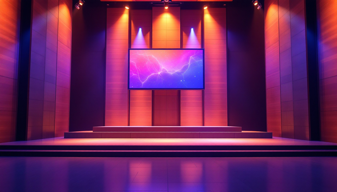 A photograph of a beautifully designed church stage featuring a wooden backdrop complemented by a vibrant led display