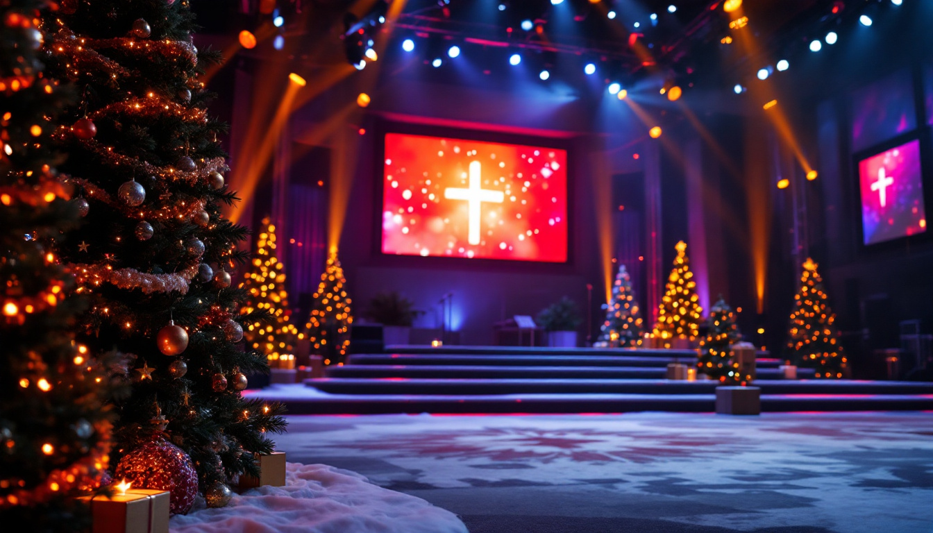 A photograph of capture a photograph of a beautifully designed church stage during a christmas service