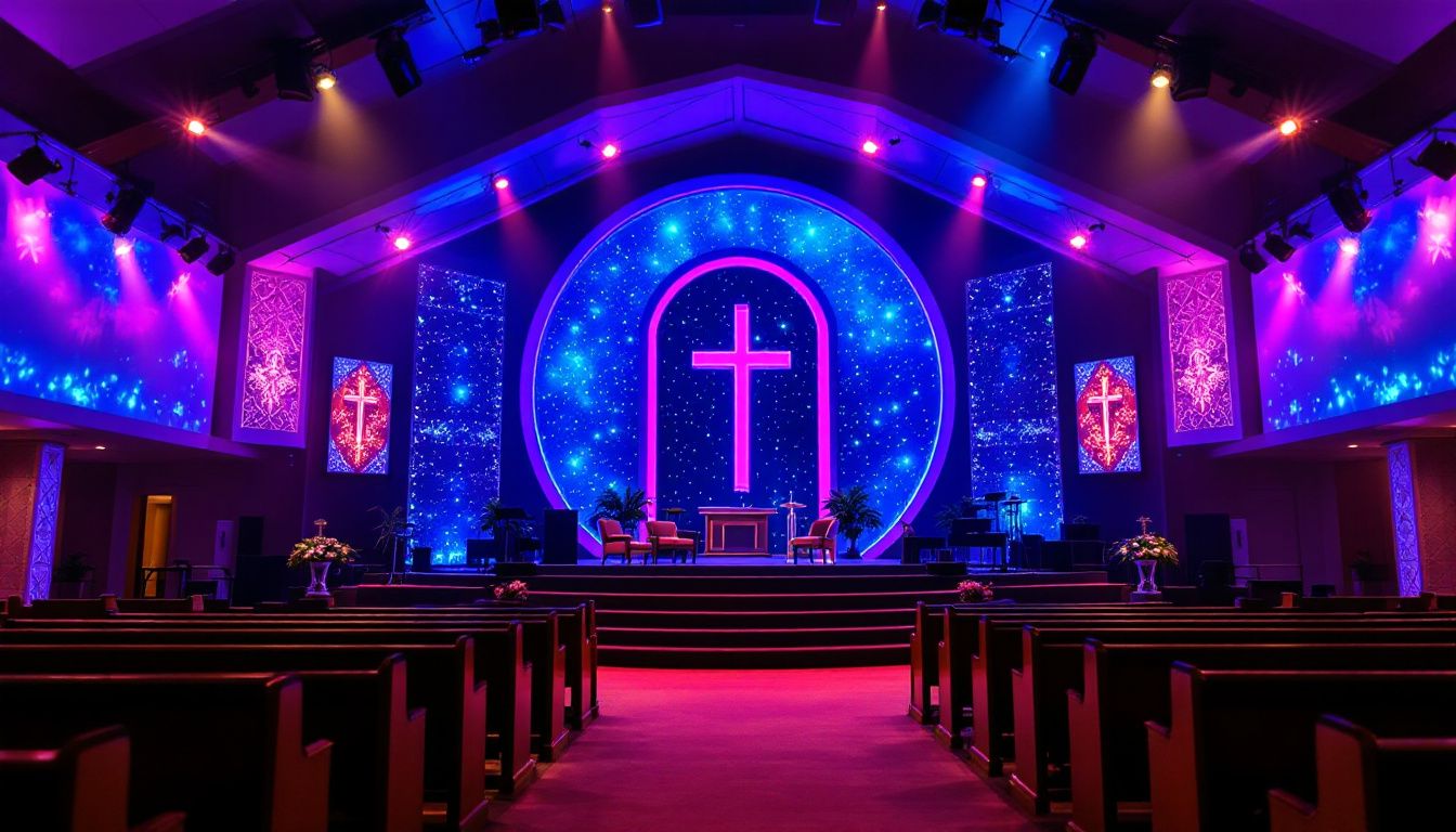 A photograph of a beautifully decorated church stage featuring a vibrant led display