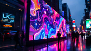 A photograph of a vibrant led display in a dynamic urban setting