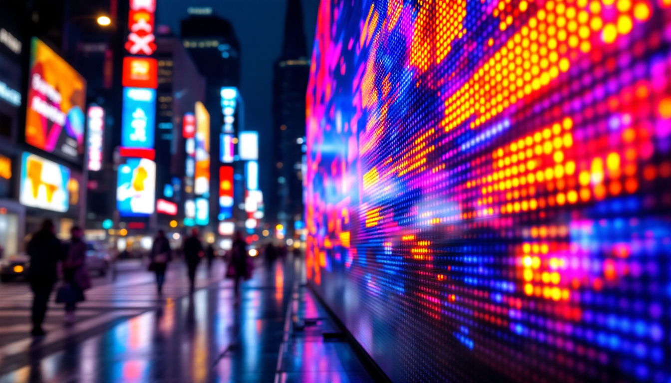 A photograph of a vibrant led display in an urban setting