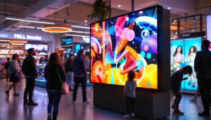A photograph of a vibrant led display box in a dynamic retail environment