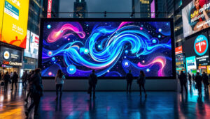 A photograph of a vibrant led display in a bustling urban setting