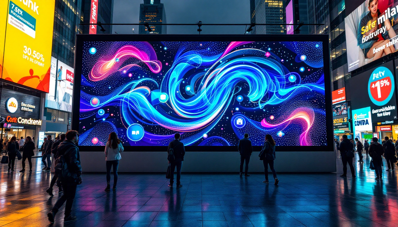 A photograph of a vibrant led display in a bustling urban setting