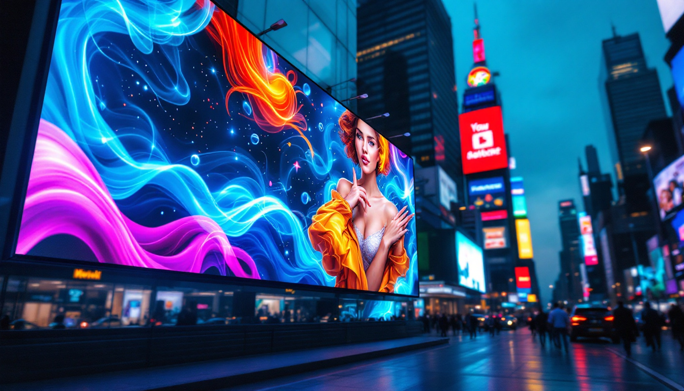 A photograph of a vibrant led digital screen displaying dynamic advertisements in an urban setting