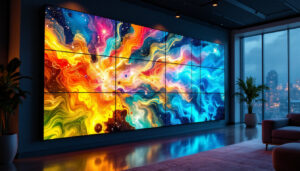 A photograph of capture a photograph of a vibrant prysm video wall in a modern setting