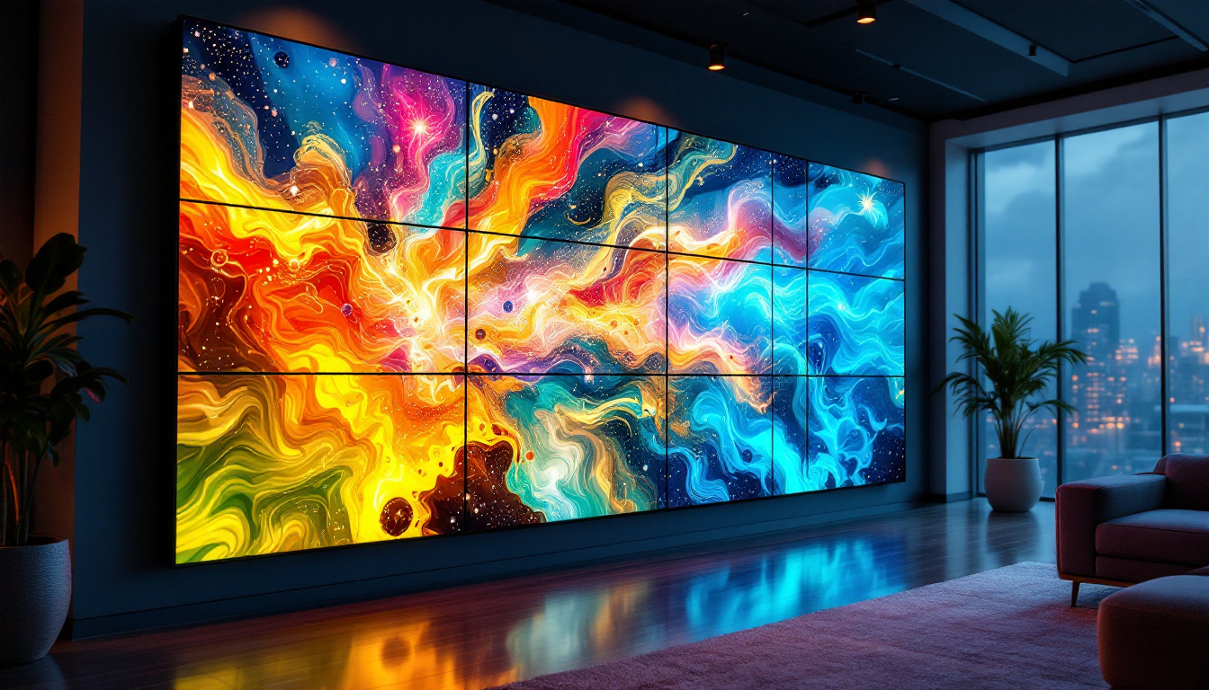 A photograph of capture a photograph of a vibrant prysm video wall in a modern setting