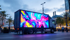 A photograph of a vibrant led screen truck parked in an urban setting