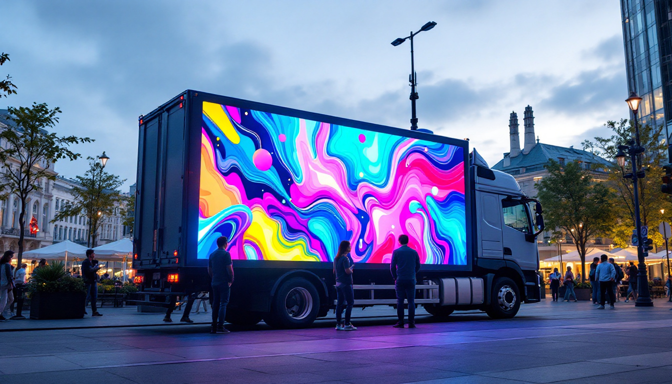A photograph of a vibrant led screen truck parked in an urban setting
