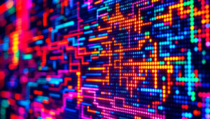 A photograph of a close-up of an led display screen showcasing vibrant colors and intricate patterns