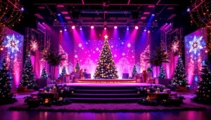 A photograph of a beautifully decorated christmas stage featuring a vibrant led display