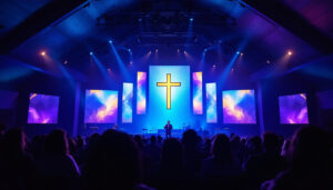 A photograph of a modern church interior featuring a vibrant led display in use during a service