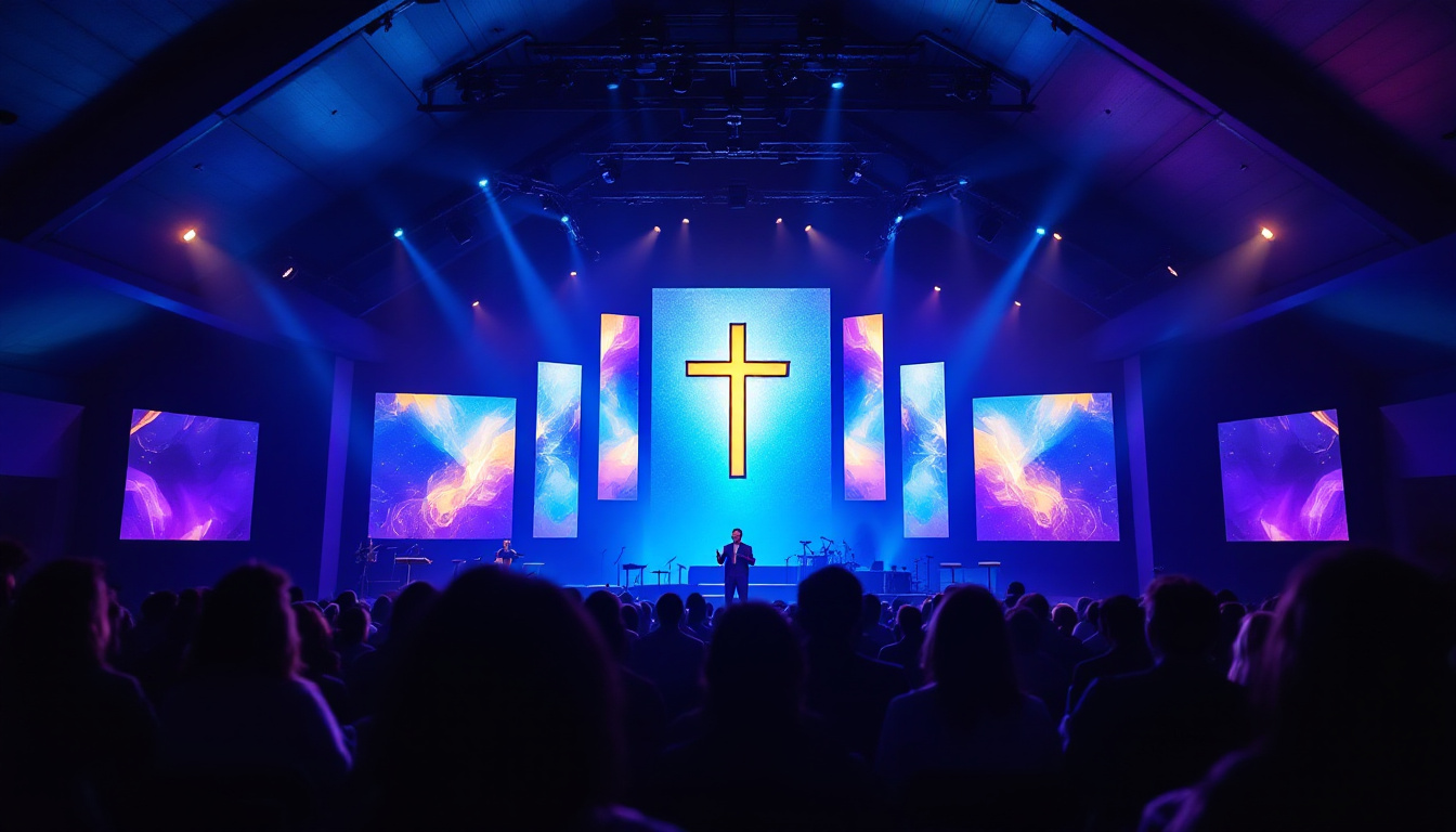 A photograph of a modern church interior featuring a vibrant led display in use during a service