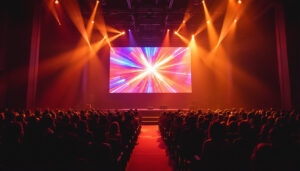 A photograph of a modern church interior featuring a vibrant led display in action