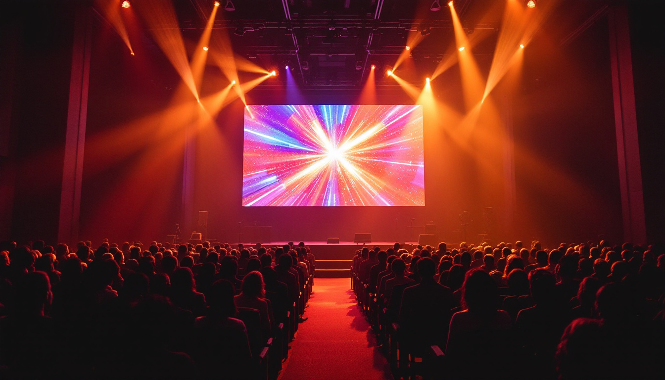 A photograph of a modern church interior featuring a vibrant led display in action