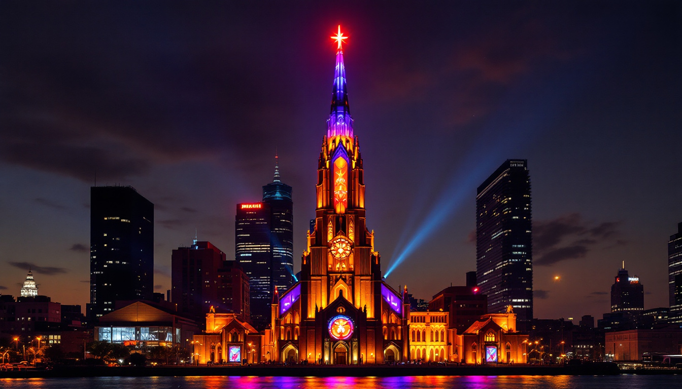 A photograph of the brooklyn tabernacle's striking led display at night