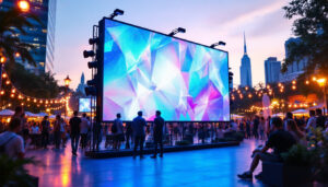 A photograph of a vibrant outdoor setting showcasing a large led display panel in use