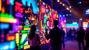 A photograph of a vibrant led display in action at a lively event