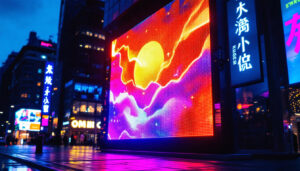 A photograph of a vibrant led display showcasing dynamic visuals or text in an urban setting