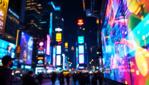 A photograph of a vibrant led display in a bustling urban environment