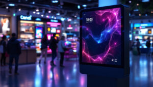 A photograph of a modern kiosk display stand featuring a vibrant led screen in an engaging retail environment