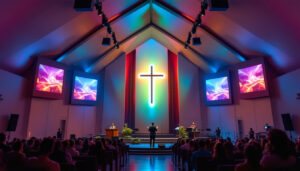 A photograph of a vibrant church interior featuring a modern led display prominently showcasing dynamic visuals or messages