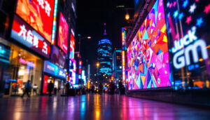 A photograph of a vibrant led display in a dynamic urban setting