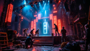 A photograph of a dynamic theatre set under construction