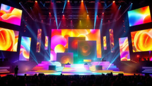 A photograph of a vibrant stage design featuring a large led display in action
