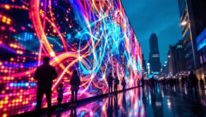 A photograph of a vibrant led display in an urban setting