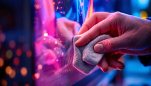 A photograph of a person gently cleaning an led screen monitor with a microfiber cloth