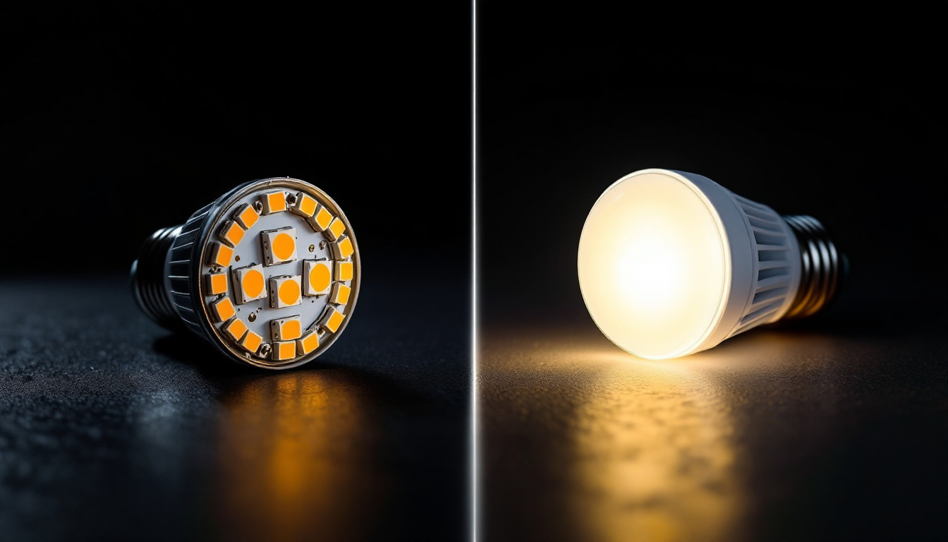 A photograph of a side-by-side comparison of smd bulbs and led bulbs