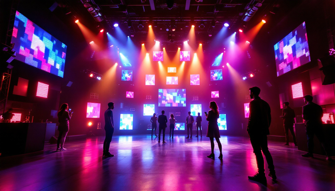 A photograph of a dynamic theater set featuring vibrant led displays in use