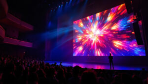 A photograph of a vibrant theatre stage showcasing a large
