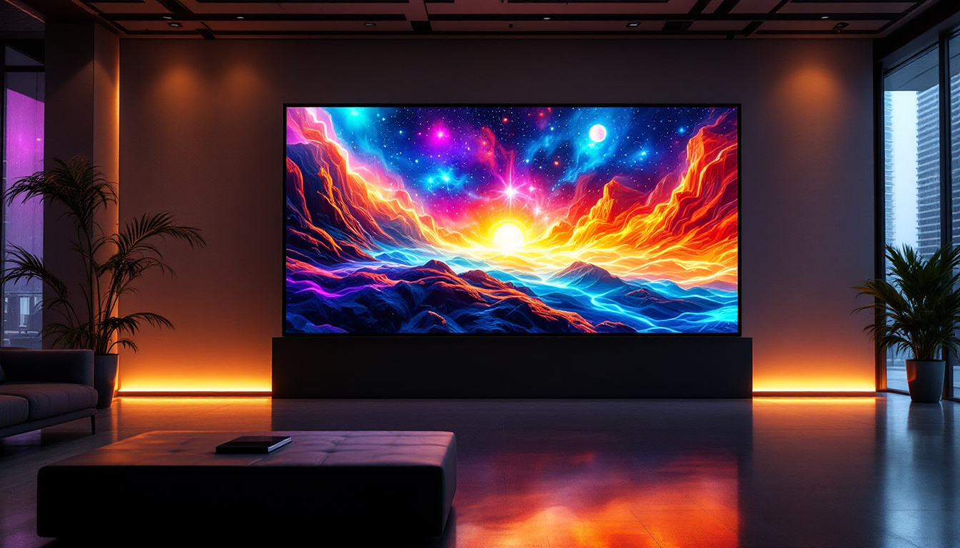 A photograph of a vibrant video wall displaying dynamic visuals in a modern setting