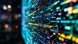A photograph of a close-up view of a vibrant led screen displaying dynamic visuals
