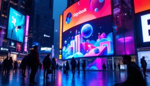 A photograph of a vibrant urban scene featuring a large