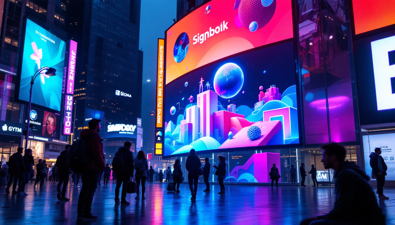 A photograph of a vibrant urban scene featuring a large