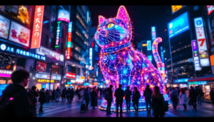 A photograph of capture a photograph of the vibrant 3d led cat display in tokyo