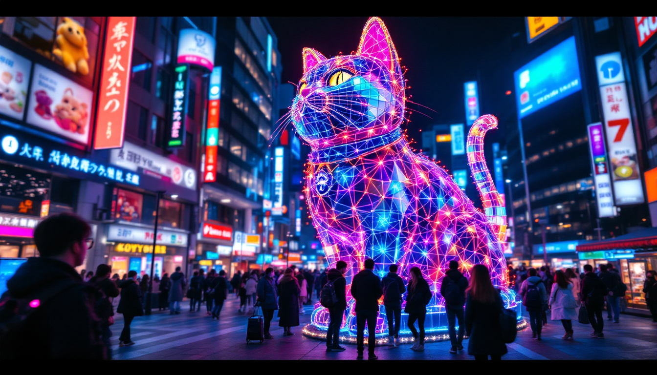 A photograph of capture a photograph of the vibrant 3d led cat display in tokyo
