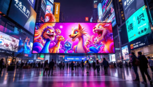 A photograph of a vibrant 3d led billboard in a bustling urban setting in china