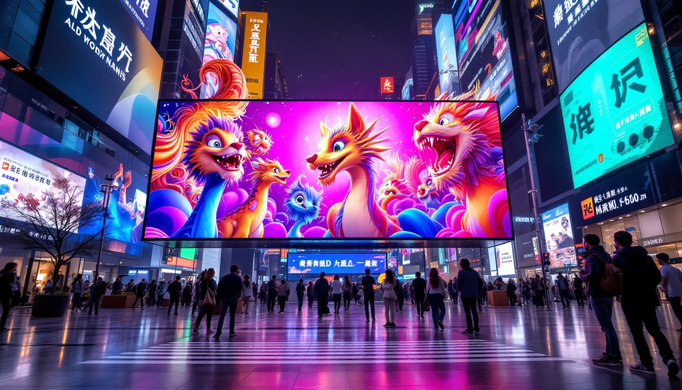A photograph of a vibrant 3d led billboard in a bustling urban setting in china