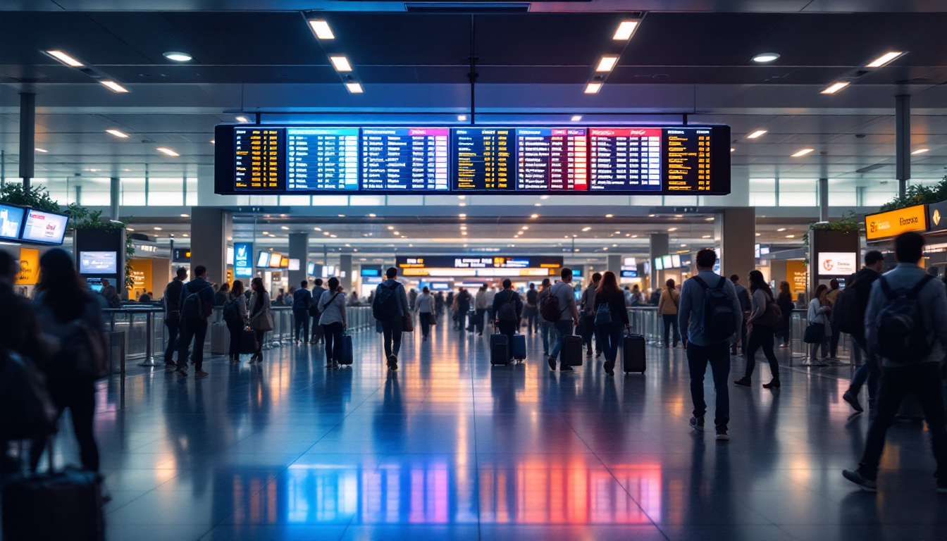 A photograph of capture a photograph of a bustling airport terminal featuring a prominent led display showcasing flight information