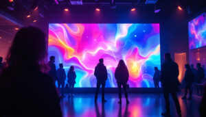A photograph of a vibrant led film screen in a dynamic setting