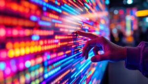 A photograph of a close-up shot of a vibrant led display in action